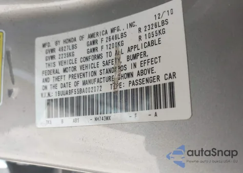 2011 Acura Tl 3.7 from USA, damaged, VIN 19UUA9F55BA002072